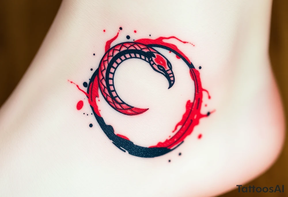 An ink-splattered Ouroboros snake forming cyrcle, appearing as if it was painted in bold brush strokes of deep red and black, symbolizing artistic chaos and creation. tattoo idea