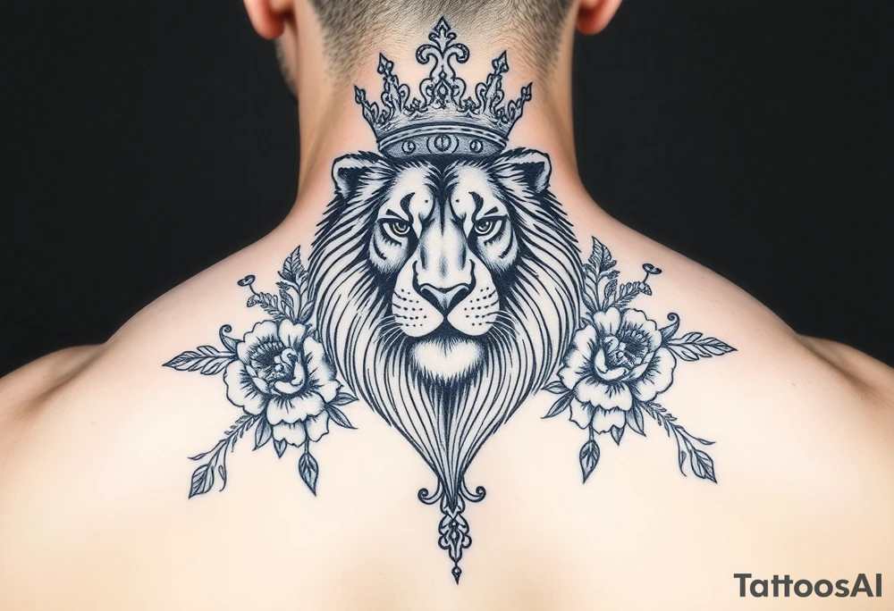 powerful majestic lion with a crown, surrounded by floral ornaments and birds tattoo idea