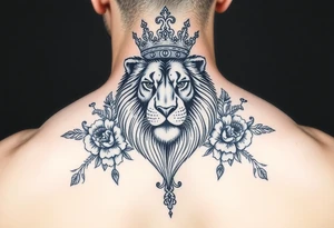 powerful majestic lion with a crown, surrounded by floral ornaments and birds tattoo idea