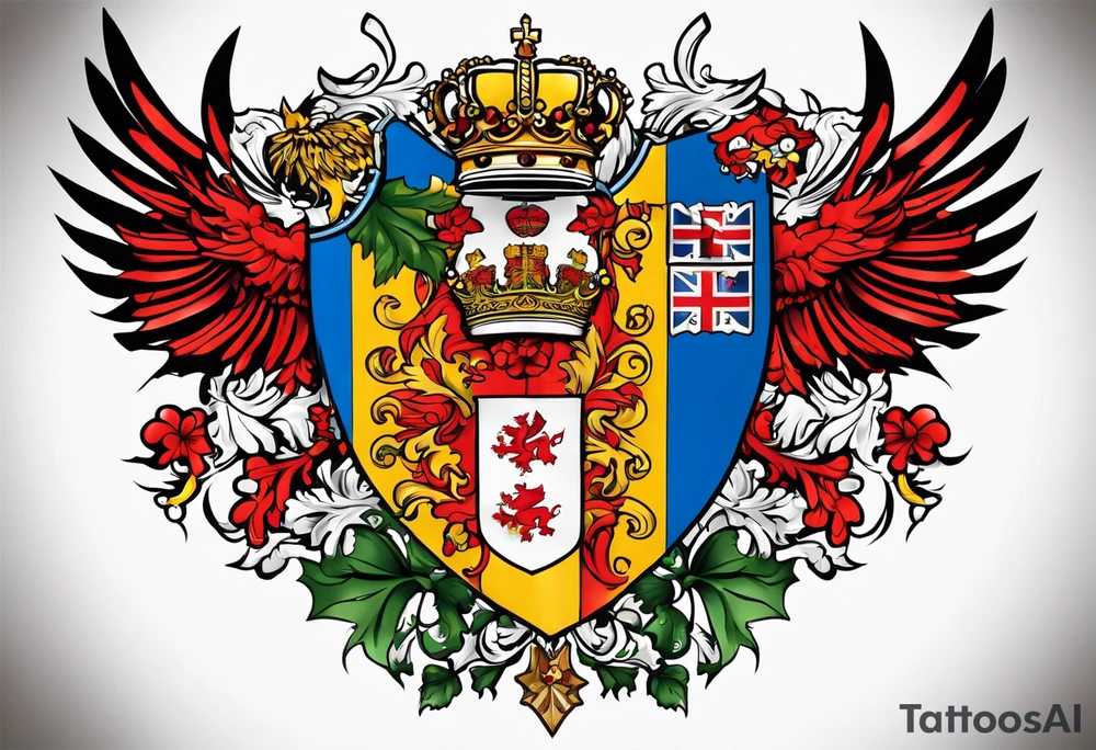 Merge the heraldic elements of england, northern ireland, ireland, scotland, wales, germany, croatia, serbia, slovakia, slovenia, and czech republic. tattoo idea