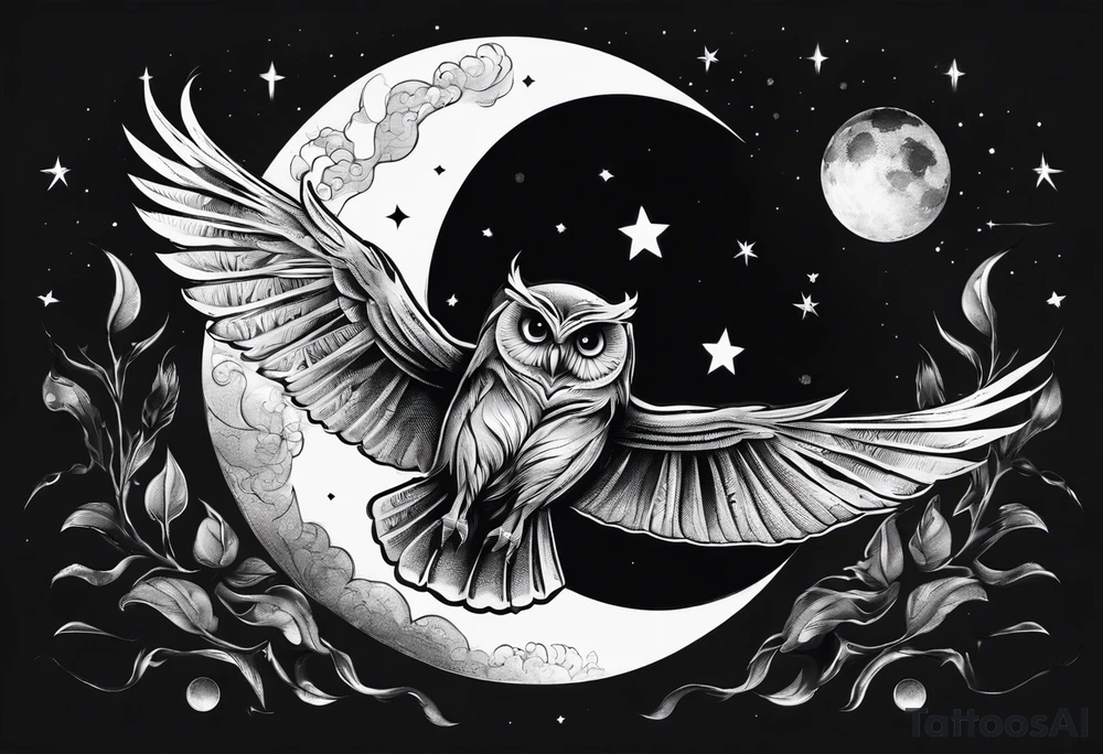 Wise Owl flying towards the Dark Moon. tattoo idea