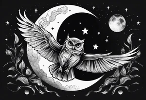 Wise Owl flying towards the Dark Moon. tattoo idea