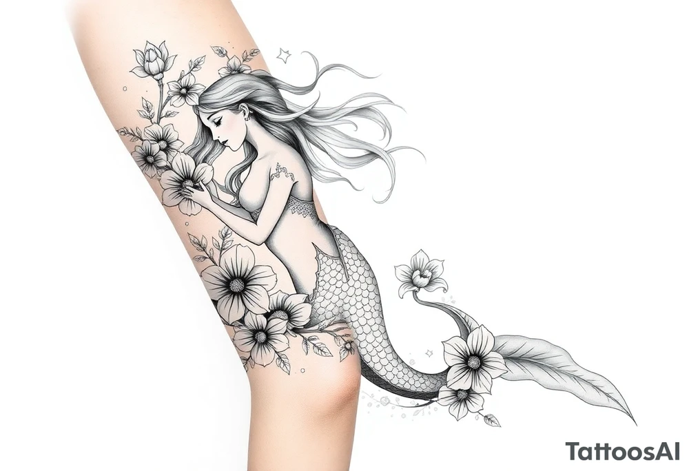 ethereal mermaid with flowing hair among coral and sea flowers tattoo idea