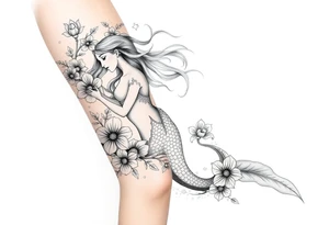 ethereal mermaid with flowing hair among coral and sea flowers tattoo idea