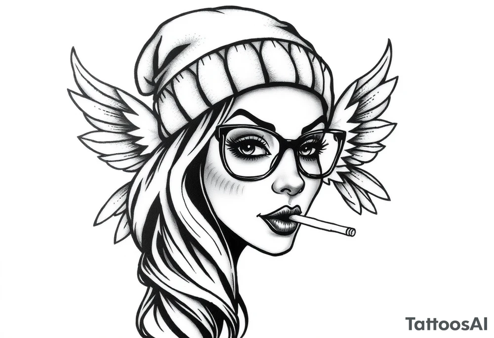 beautiful long hair pin up Clown face Girl payasa  thug beanie eyeglasses  angelic wings smoking a cigarette tattoo idea