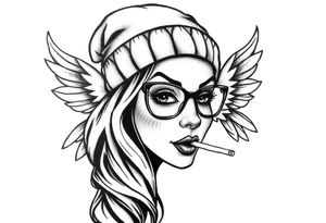 beautiful long hair pin up Clown face Girl payasa  thug beanie eyeglasses  angelic wings smoking a cigarette tattoo idea