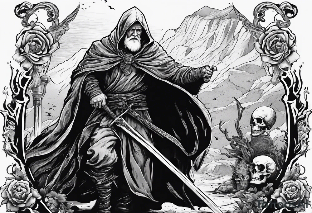 old man in cloak sword fighting with a skeleton tattoo idea old man in cloak sword fighting with a skeleton tattoo idea