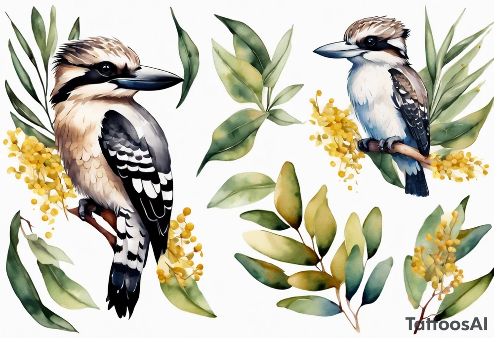 Small kookaburra sitting on eucalyptus leaves and wattle leaves tattoo idea