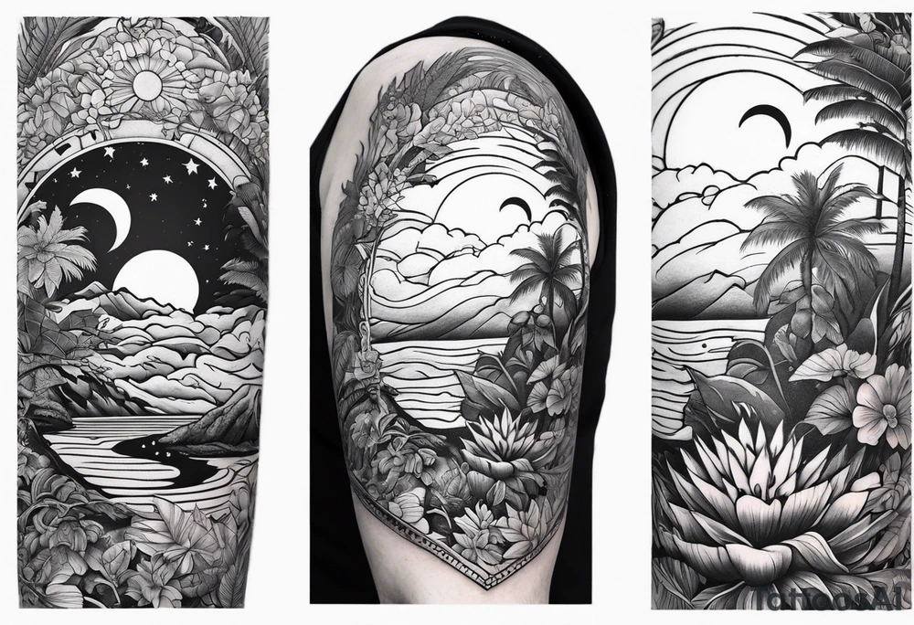 sleeve tattoo with jungle plants and Vegvisir, moon and beach tattoo idea
