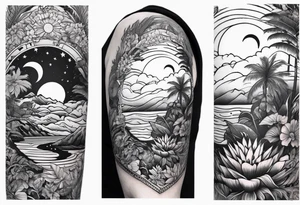 sleeve tattoo with jungle plants and Vegvisir, moon and beach tattoo idea