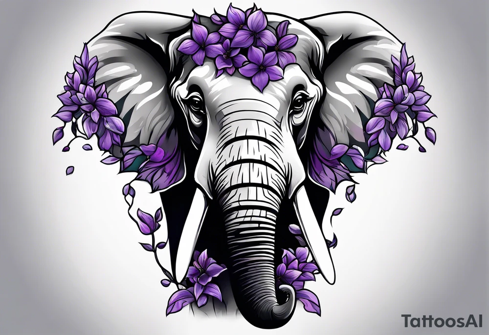 Elephant face covered in lilacs tattoo idea