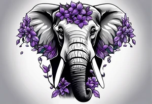 Elephant face covered in lilacs tattoo idea