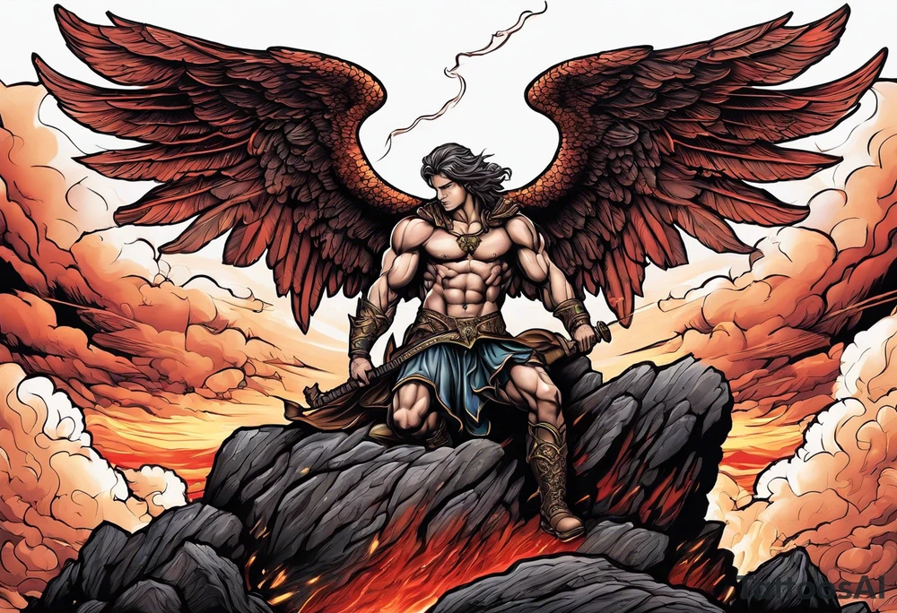 Michael the Archangel standing on top of the devil laying on rock over hot lava.  Clouds and lightning in background. tattoo idea