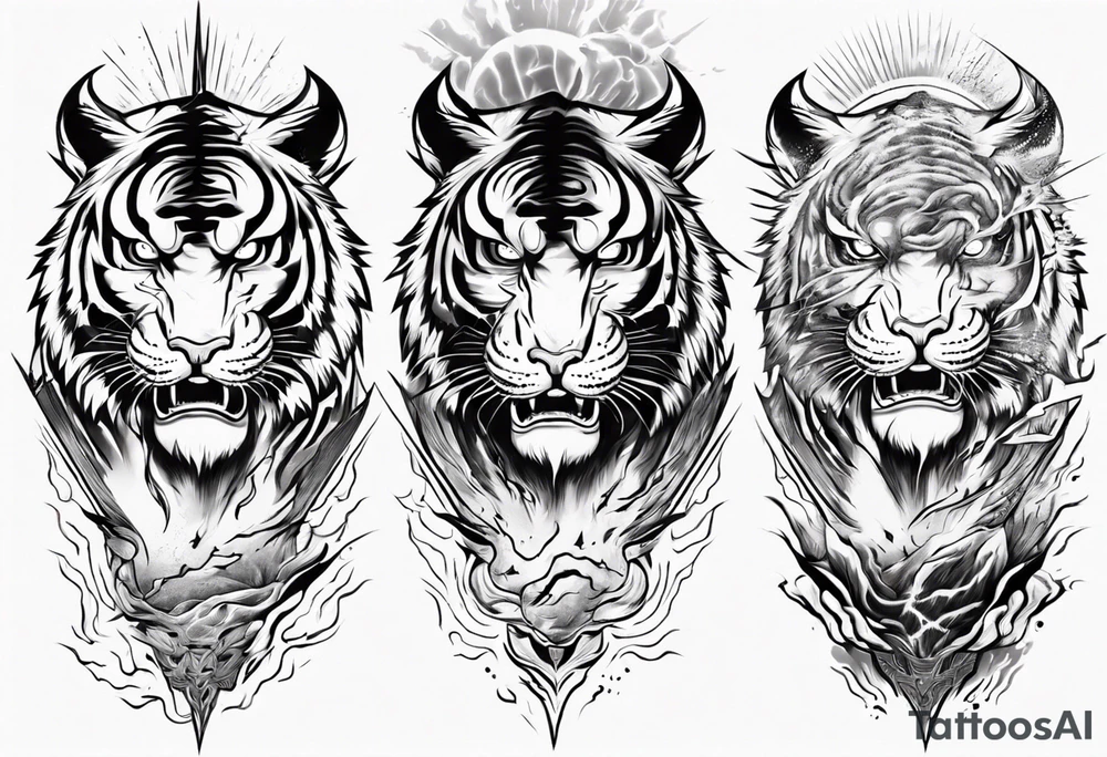tiger warrior with lightning and the sun for a forearm sleeve tattoo idea