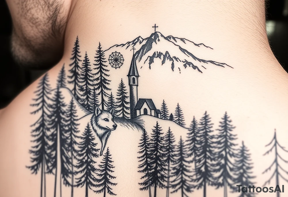 Nature/Landscape

Wolves in a pine forest (extending the tree line you already have)
A Russian bear emerging from the treeline
Snow-capped mountains behind the church scene tattoo idea