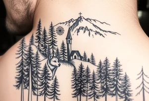 Nature/Landscape

Wolves in a pine forest (extending the tree line you already have)
A Russian bear emerging from the treeline
Snow-capped mountains behind the church scene tattoo idea
