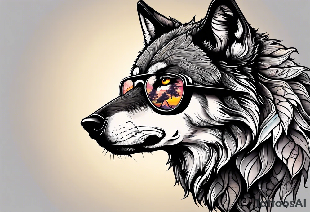 Badass wolf wearing sunglasses
Dark woods
Mountains
Sunset tattoo idea