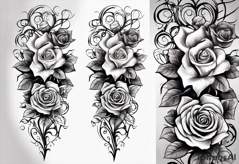 this is a long vertical tattoo for my whole shin. two roses with their stems intertwined, one rose should have thorns and only one main rose, the second rose should be thornless but have multiple flowers on it. I want a long stem to shower them intertwined tattoo idea