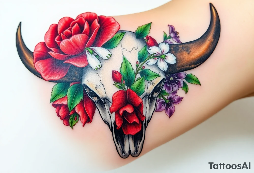 Buffalo or bison skull with flowers. Red Peony, snowdrop, green holly with red berries, purple larkspur,  red peony. Colour. For upper arm or shoulder. Masculin. tattoo idea