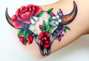 Buffalo or bison skull with flowers. Red Peony, snowdrop, green holly with red berries, purple larkspur,  red peony. Colour. For upper arm or shoulder. Masculin. tattoo idea