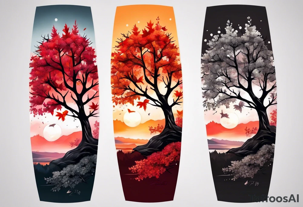 Arm tattoo. Long tattoo A maple tree with red autumn leaves that branches upwards. White-throated dipper bird on the trees branches. Calluna flowers at the base of the trees stem. Tree stem has dark colors. Red/yellow sunset behind the trees stem. Leaves falling. tattoo idea