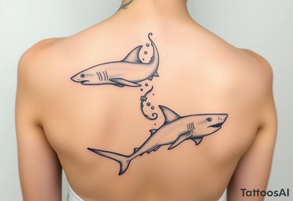lemon shark and whale shark swimming up the spine tattoo idea