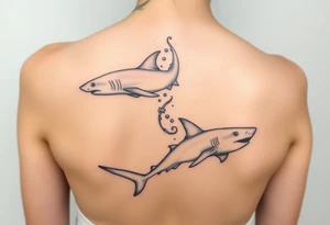 lemon shark and whale shark swimming up the spine tattoo idea