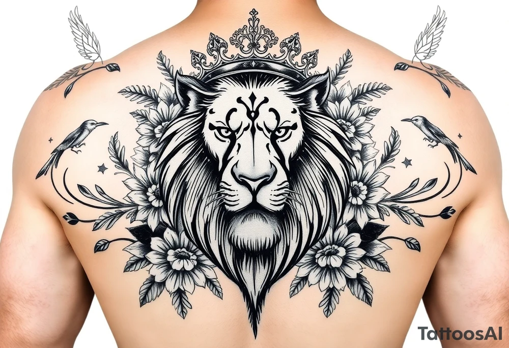 powerful majestic lion with a crown, surrounded by floral ornaments and birds tattoo idea