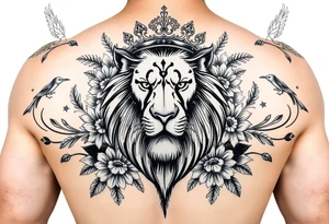 powerful majestic lion with a crown, surrounded by floral ornaments and birds tattoo idea
