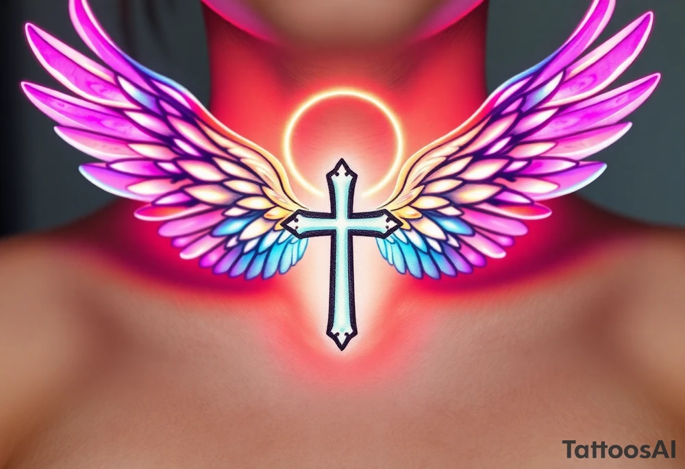 A floating cross inside a luminous halo, with iridescent wings that change colors in light tattoo idea