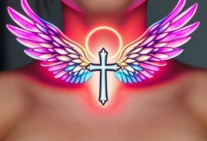 A floating cross inside a luminous halo, with iridescent wings that change colors in light tattoo idea