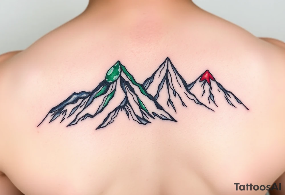 4 mountains. One mountain made of blue sapphire. One mountain of green emerald. One mountain made of red ruby. One mountain made of white pearl. tattoo idea