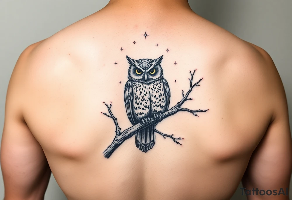 wise owl perched on ancient oak branch under starlit sky tattoo idea