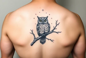wise owl perched on ancient oak branch under starlit sky tattoo idea