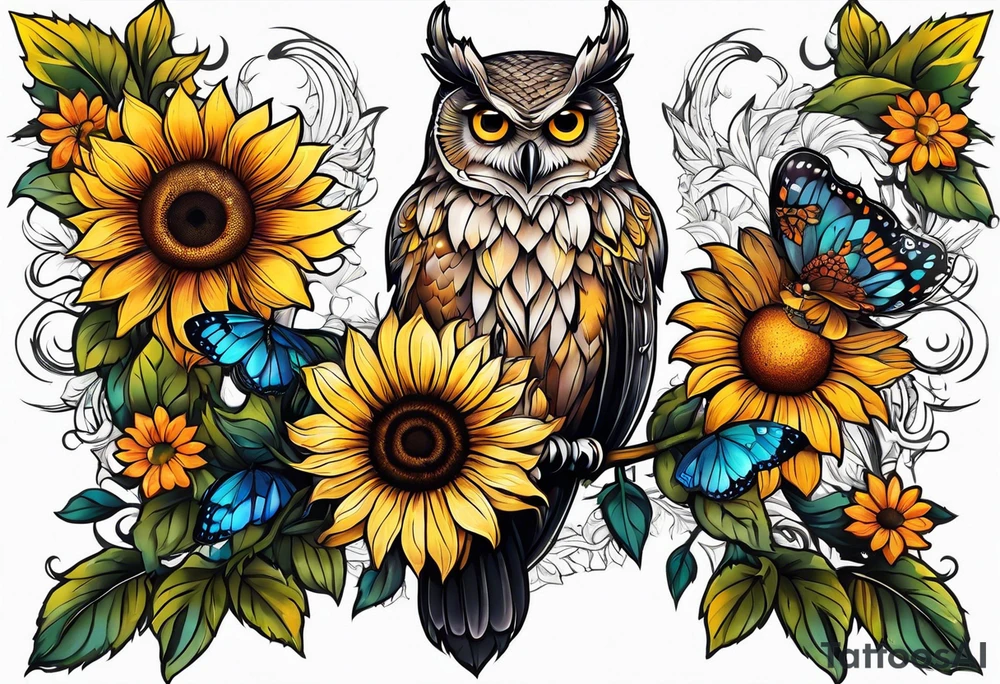 Sleeve with a owl sunflower and butterfly tattoo idea