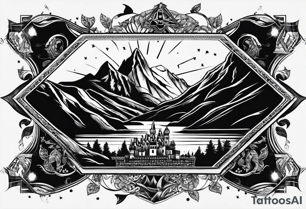 Books, chessboard with king and queen piece, background in a mountain night time tattoo idea