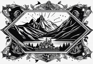 Books, chessboard with king and queen piece, background in a mountain night time tattoo idea
