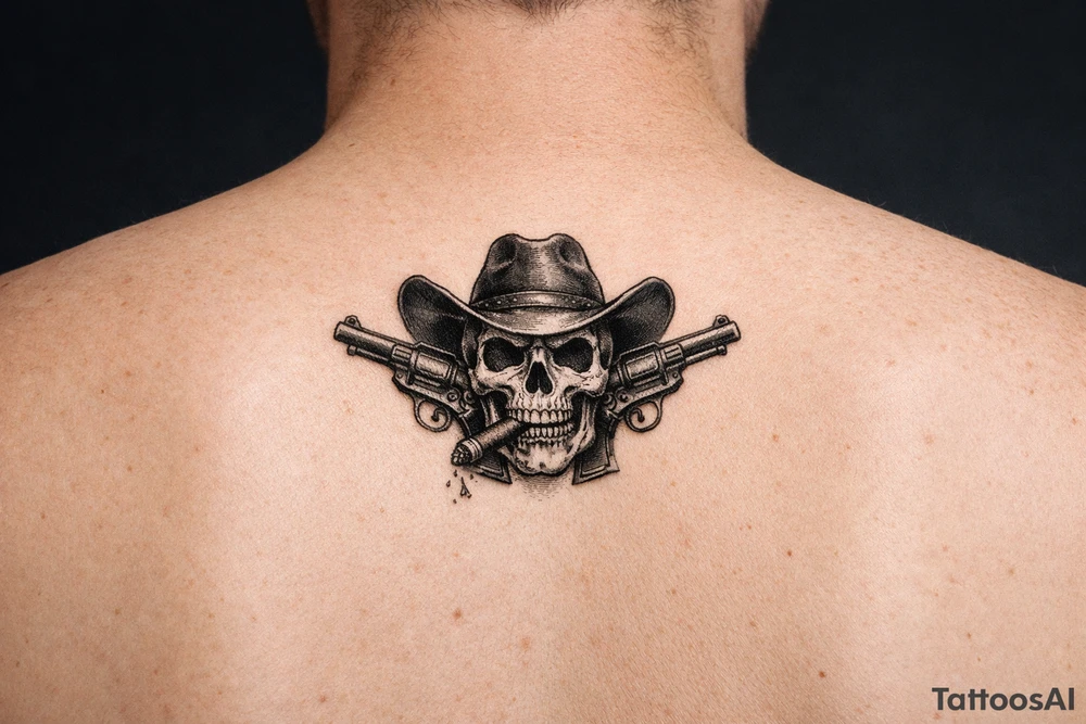 A skull with a wide-brimmed cowboy hat, two vintage pistols pointing outward, ash falling from a cigar. tattoo idea