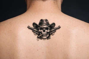 A skull with a wide-brimmed cowboy hat, two vintage pistols pointing outward, ash falling from a cigar. tattoo idea