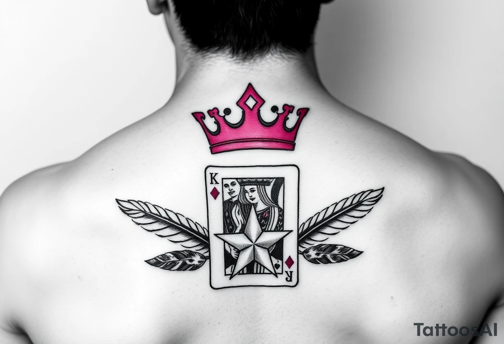 pink princess crown on top of puppy paw prints, king of hearts card, army camouflage star, feathers tattoo idea