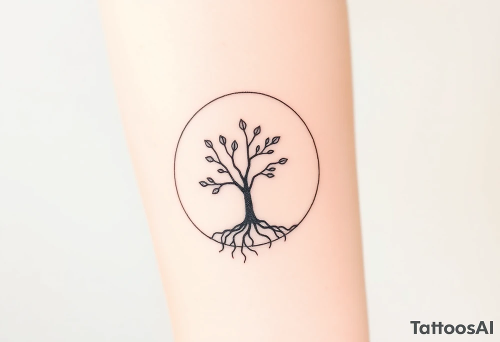 A tree inside of a circle, with few leaves, with an outward spiral line (moving to the right), as its roots, encircling the entire tree tattoo idea