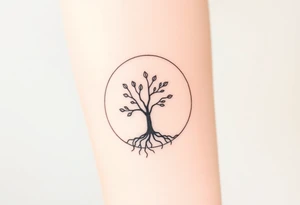 A tree inside of a circle, with few leaves, with an outward spiral line (moving to the right), as its roots, encircling the entire tree tattoo idea