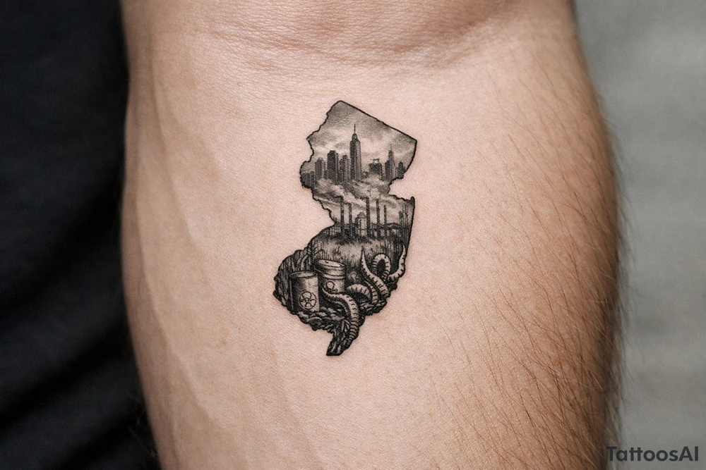 Outline of the shape of New Jersey with a dirty city skyline in the north fading in smog filled refineries in the northern part of central Jersey going into a toxic waste forest with a few tentacles and hazardous waste barrels tattoo idea