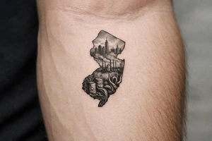 Outline of the shape of New Jersey with a dirty city skyline in the north fading in smog filled refineries in the northern part of central Jersey going into a toxic waste forest with a few tentacles and hazardous waste barrels tattoo idea