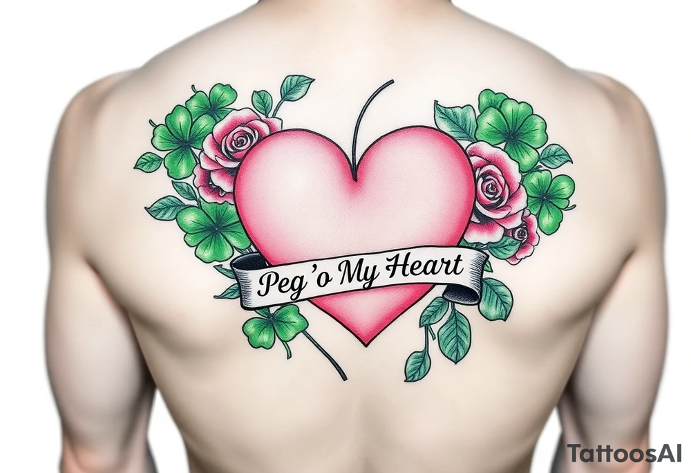 Bunch of Green shamrocks & a few red roses with a big Pink heart and a banner across the heart that says " Peg 'o My Heart" tattoo idea