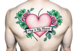 Bunch of Green shamrocks & a few red roses with a big Pink heart and a banner across the heart that says " Peg 'o My Heart" tattoo idea