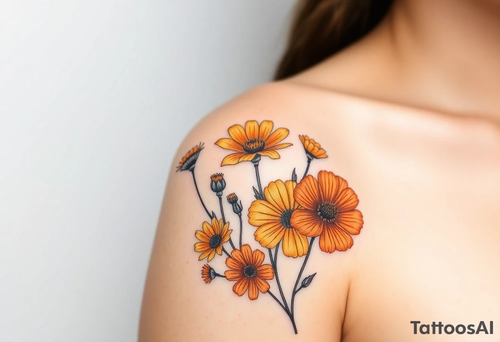 California poppies, California blackberries, gray’s lupine, marsh marigold, Indian paintbrush, one daisy, and an orange and orange blossom. Make it sick as fuck tattoo idea