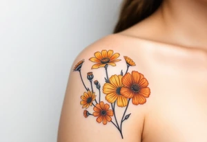 California poppies, California blackberries, gray’s lupine, marsh marigold, Indian paintbrush, one daisy, and an orange and orange blossom. Make it sick as fuck tattoo idea