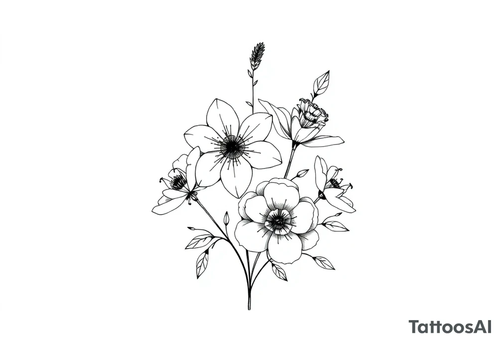 a bunch of flowers with two july birth flowers, one november birth flower and a december birth flower tattoo idea