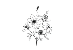 a bunch of flowers with two july birth flowers, one november birth flower and a december birth flower tattoo idea